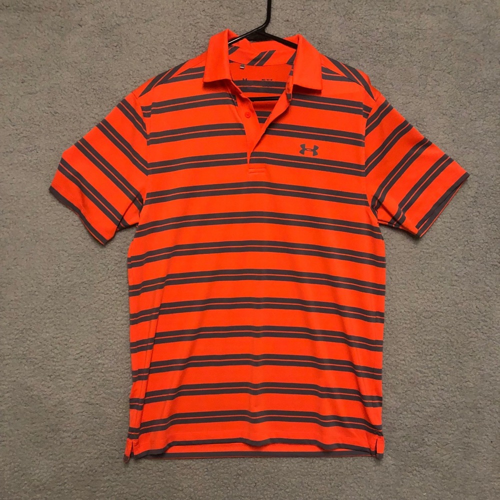 Under Armour Mens Medium HeatGear Polo Shirt Orange Gray Striped Golf Athletic